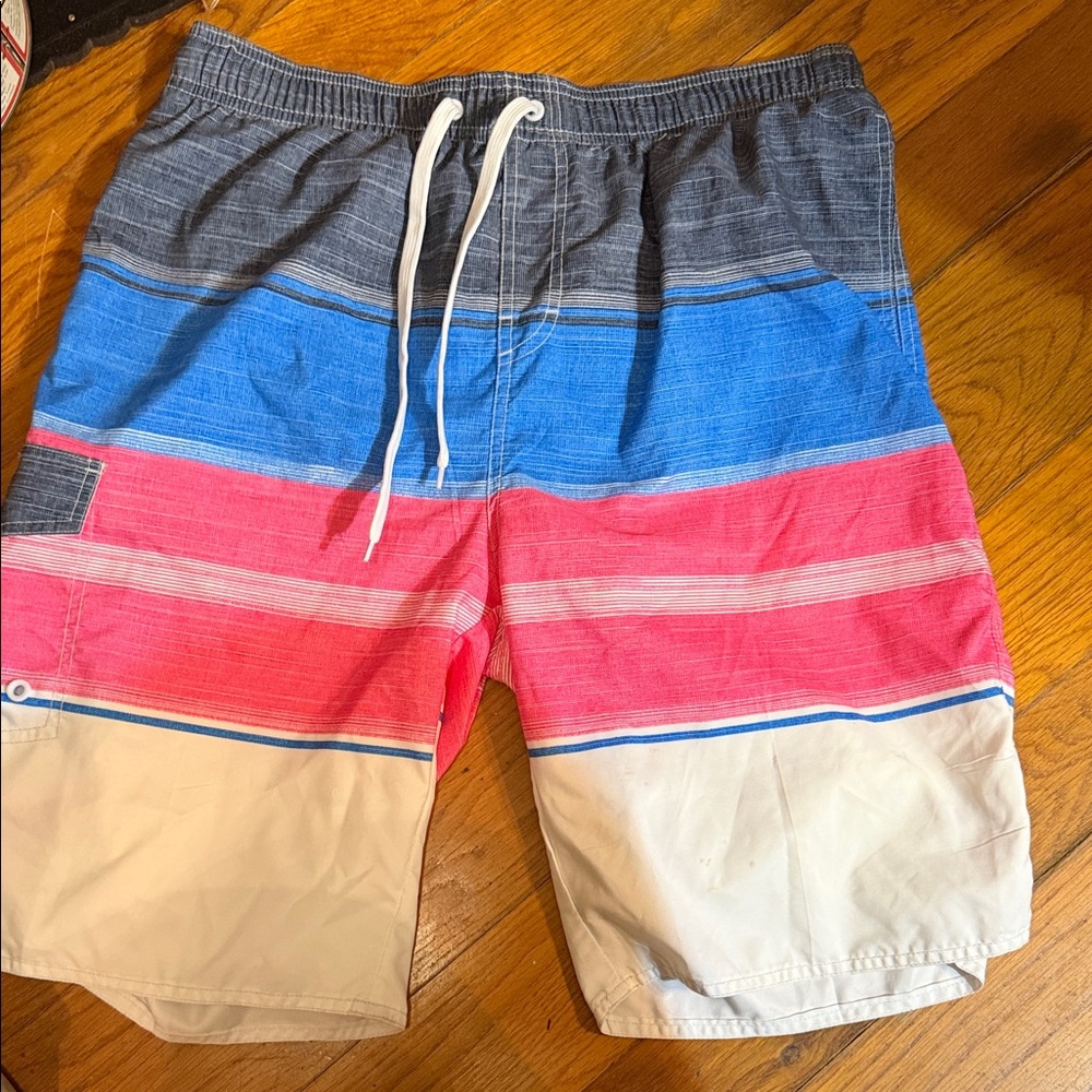 Men's Colorblock Stripe Swim Board Shorts — Blue, Pink & White